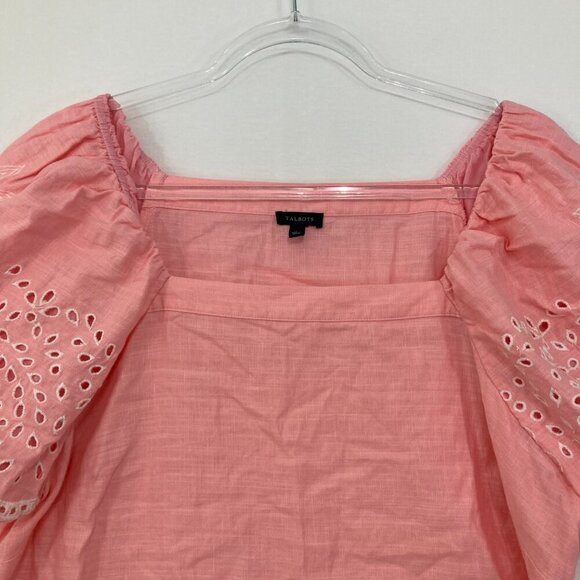 Talbots Large Pink Linen Blend Square Neck Top Embroidered Pineapple Vacation - Picture 5 of 12